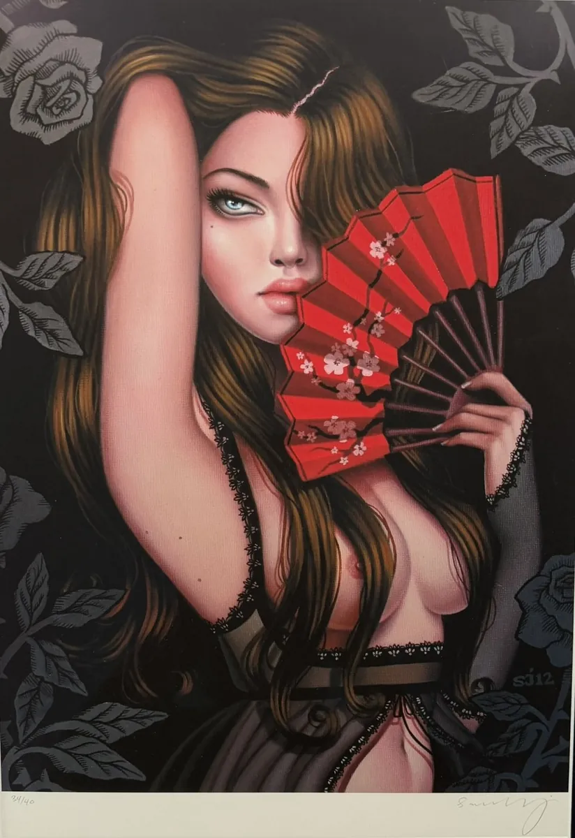 Portrait artwork with red fan featured in the fine art collection