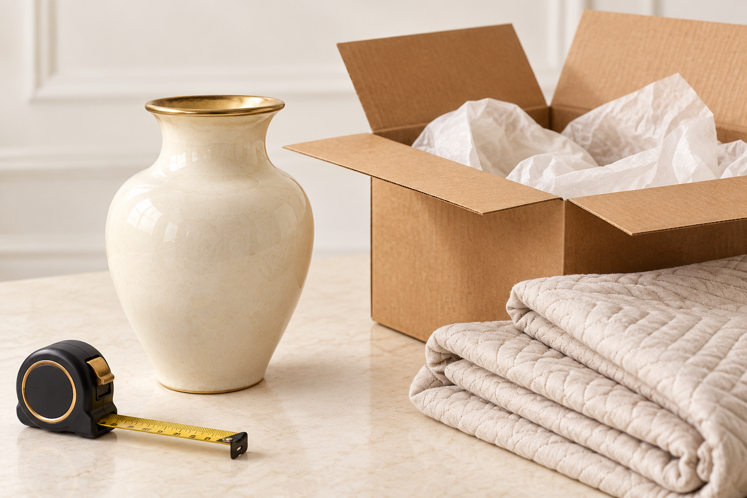 Ivory decorative vase beside an open carton, protective padding, and a tape measure on a cream tabletop.