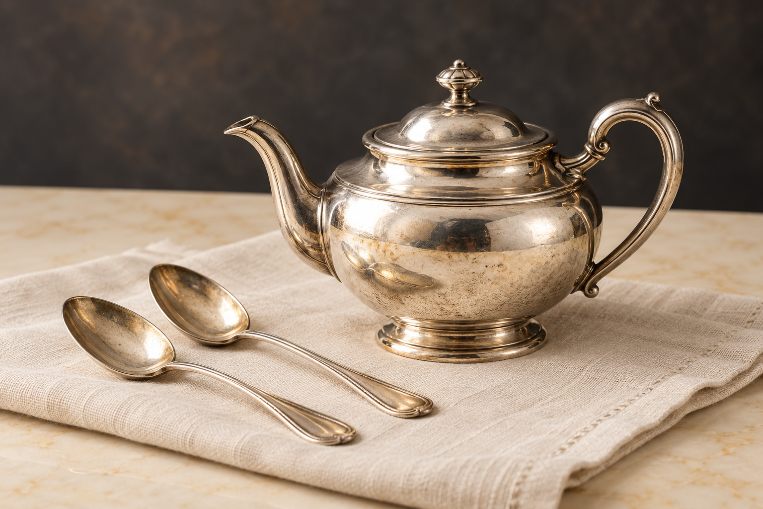 Vintage silver teapot and two teaspoons arranged on ivory linen with a charcoal backdrop.
