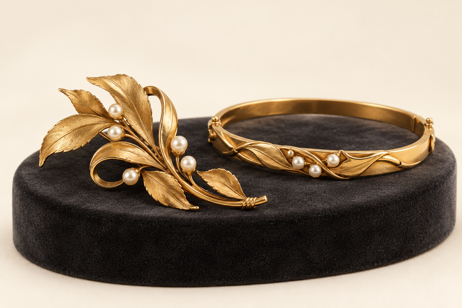 Gold leaf brooch and coordinating bracelet with pearl accents on a charcoal jewelry display.